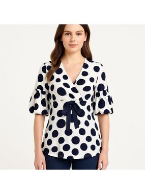 Sem Per Lei jersey top ecru white navy blue V wrap neck balloon sleeve 40 medium